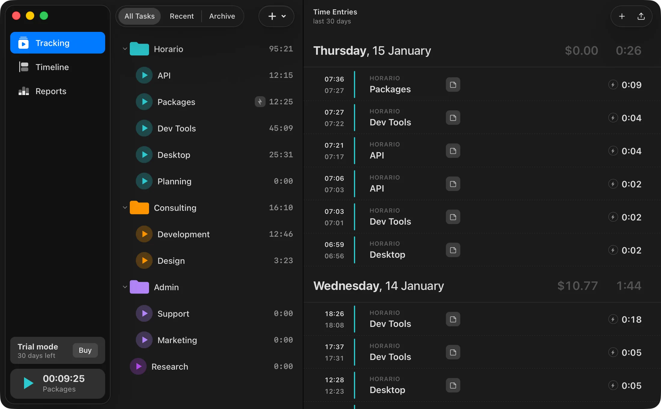Horario Tracking view: real time entries grouped by day, per client and task