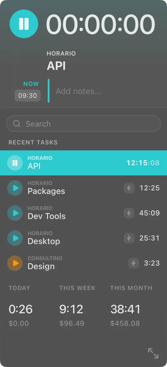Horario menu-bar timer running